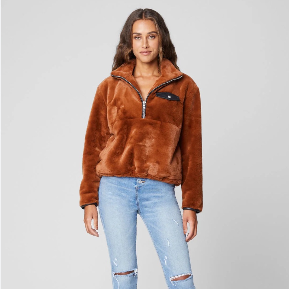 Blank NYC Faux Fur Half Zip Pullover in Cliff Hanger Brown Women’s Size S